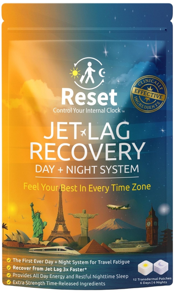 Reset Jet Lag Recovery System | Day and Night Transdermal Patches with Extra Strength Melatonin, Magnesium and B Vitamins | Travel Fatigue Relief, Sleep Support and Energy Boost |12 Patches