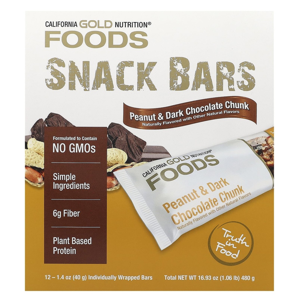 California Gold Nutrition Foods, Peanut & Dark Chocolate Chunk Bars avec amandes grillées à sec, fibre de racine de chicorée, Crisps de pois et miel, 12 bars, 1,4 oz (40 g) Chacun