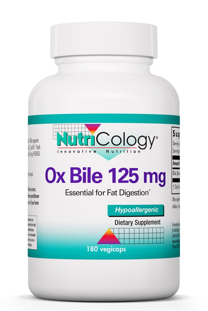 Nutricology Ox Bile 125 mg - Supports Fat Digestion - Delivers 125 mg Concentrated Bile Salts per Serving - Hypoallergenic & Vegetarian - 180 Servings - 180 Capsules