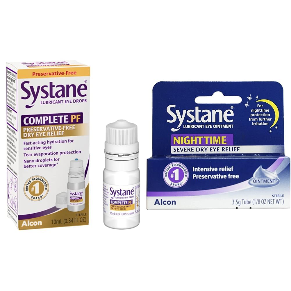Systane Complete PF Multi-Dose Conservatieve Vrije Droge Oogdruppels 10ml & Nachts Lubricant Eye Zalf 3.5g Tube