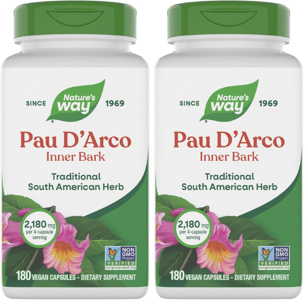 Nature's Way Premium Herbal PAU d'Arco Inner Bark, Traditional South American Ingredient, 1,090 mg per Serving, 180 Capsules (Pack of 2)