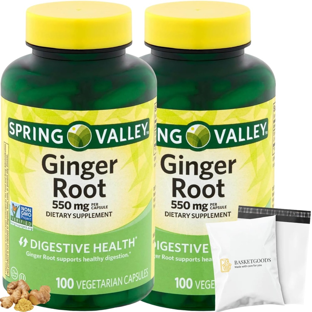 Spring Valley Ginger Root 550mg, Capsules de supplément alimentaire, santé digestive, 100 Compte par bouteille (paquet de 2), Ensemble avec panier de produits Polybag (1)