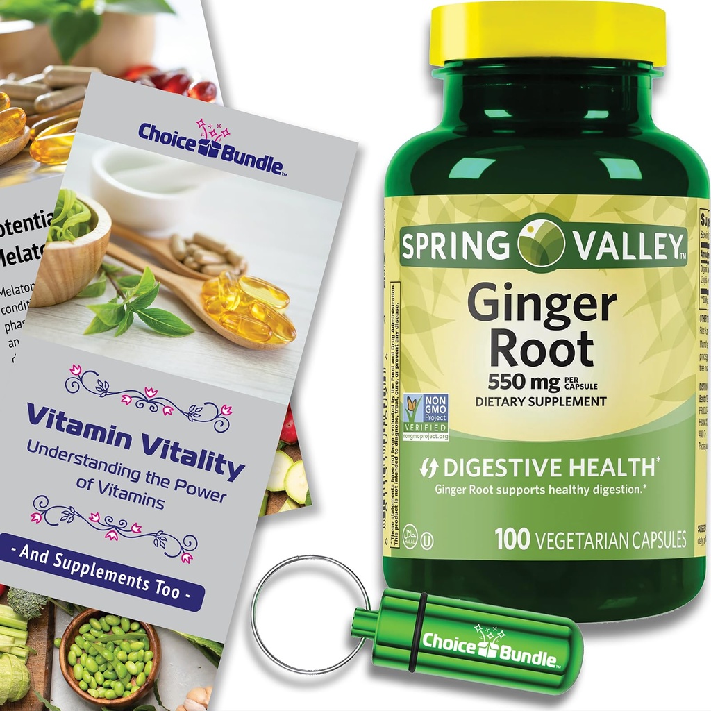 Choice Bundle Spring Valley Gember Root Digestive Health Dietary Supplement Capsules 550 mg 100 Ct Plus Vitamine Vitality & Pill Container (3 items)!