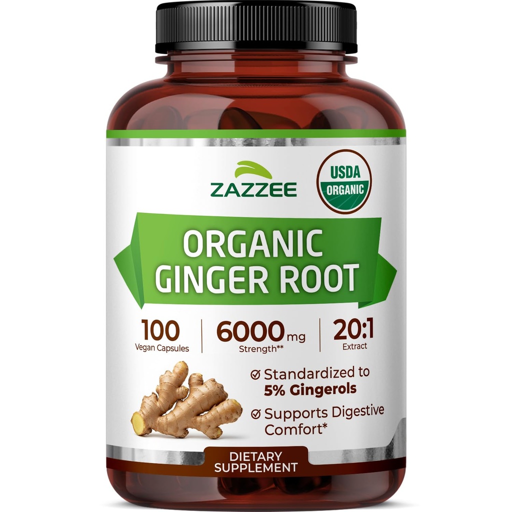 Zazzee USDA Biologische Ginger Root 20:1 Extract, 5% Gingerols, 100 Vegan Capsules, 3+ Month Supply, Zingiber Officinale, Digestieve & Maag Support, All-Natural, Non-GMO, Made in the USA