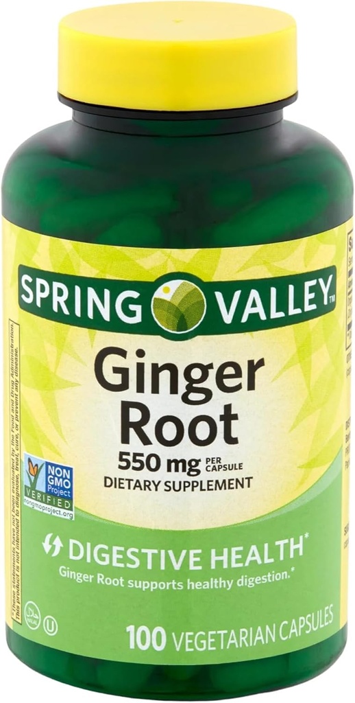 Spring Valley Ginger Root 550 mg, Dieetsupplement, Gemberwortel Capsules t, 100 Tel + Sticker