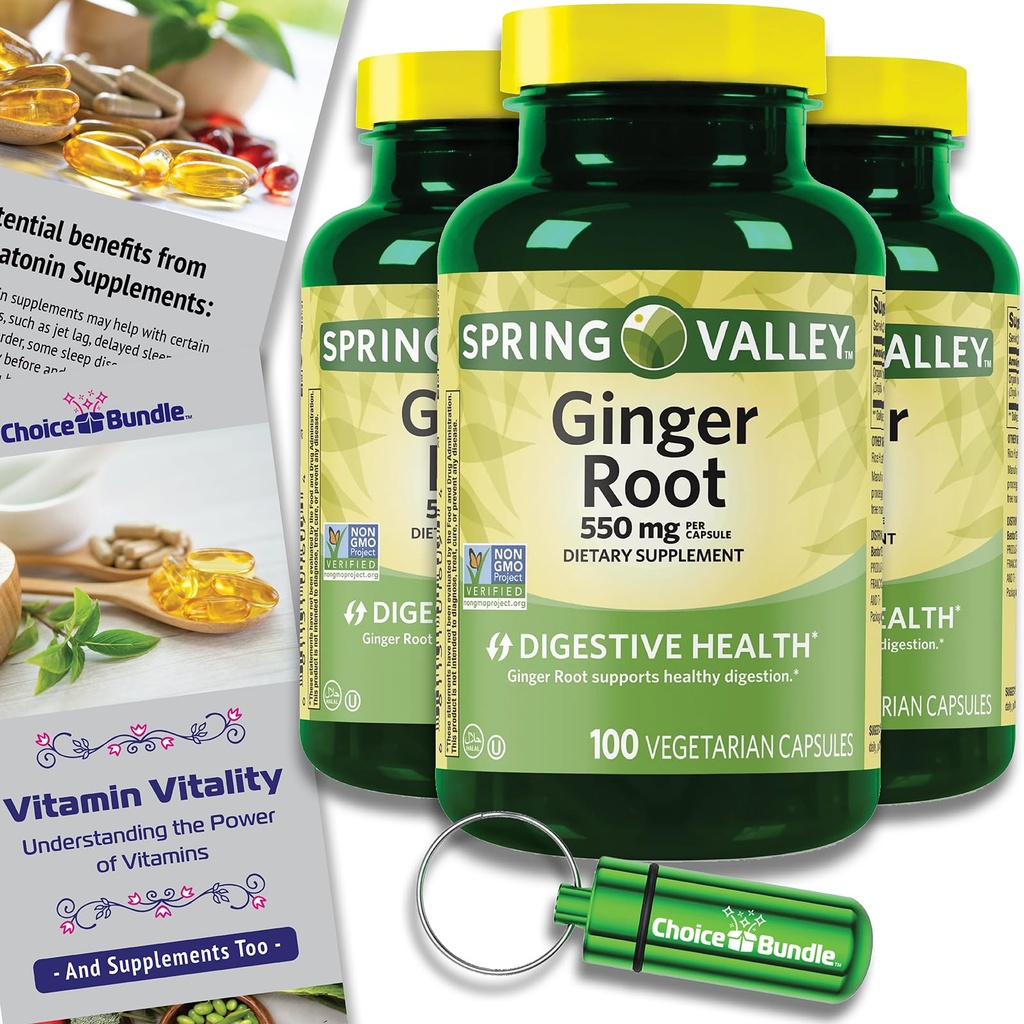 Choice Bundle Spring Valley Ginger Root Digestive Health Dietary Supplement Capsules, 550 mg, 100 Comptez 3 pk (300 Total) + Vitamine Vitalité et Pill Container (5 items) !