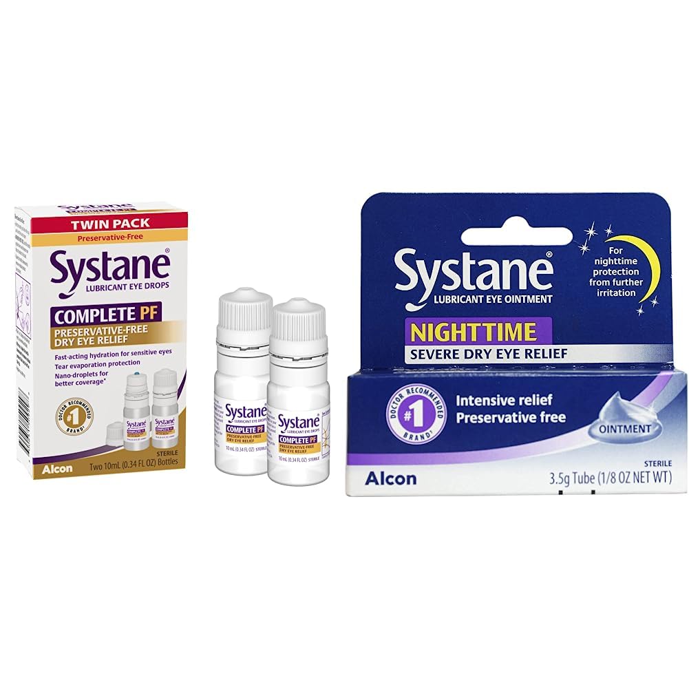 Systane COMPLETE PF Multi-Dose Des gouttes d'œil sec sans réserve 20ml (paquet de 2 – 10mL bouteilles) (Emballage peut varier) et Systane Nighttime Lubrifiant Onguent pour les yeux 3,5g