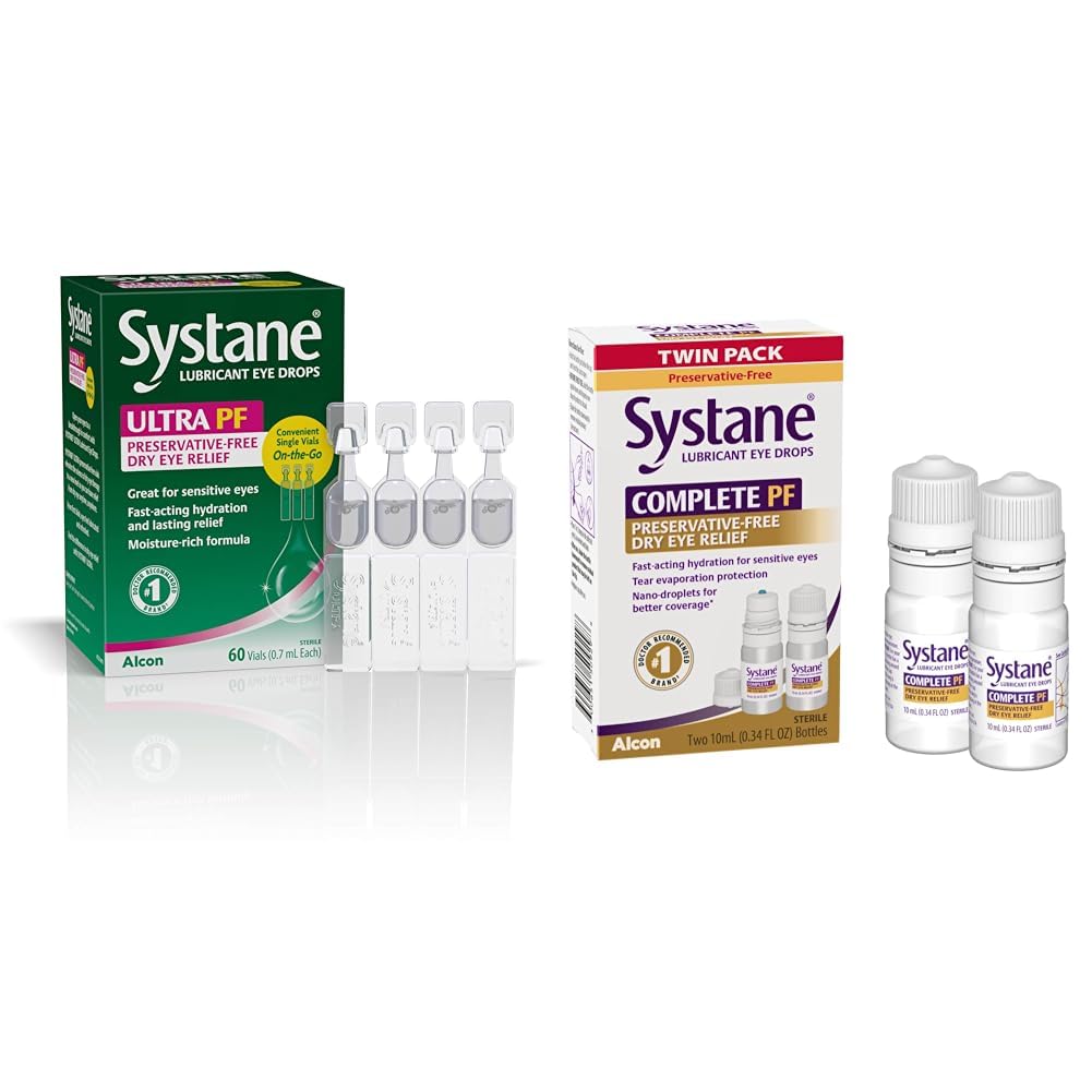 Systane Ultra Lubrican Eye Drops, 60 Count (pack of 1), (packaging May Vary) & Complete PF Multi-Dose Conservative Free Dry Eye Drops 20ml(pack van 2 