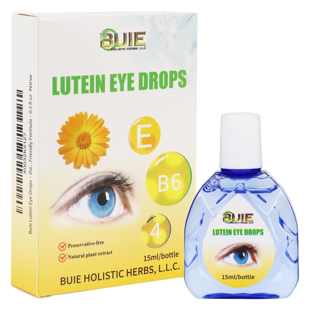 BUIE gouttes de soins oculaires Lutéine – Hydratation quotidienne et confort pour les yeux fatigués – Mélange botanique avec lutéine, vitamine B6, chèvrefeuille et chrysanthème – formule respectueuse, sans lentilles – 0,5 fl oz