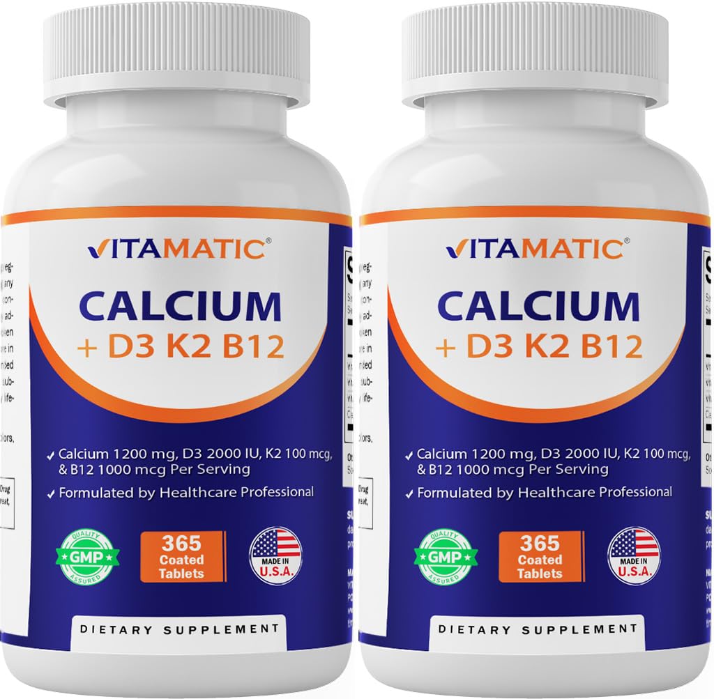 Vitamatic Calcium Supplement 1200mg with D3, K2 & B12, Immune & Bone Health Support - 365 Coated Tablets-2 Pack