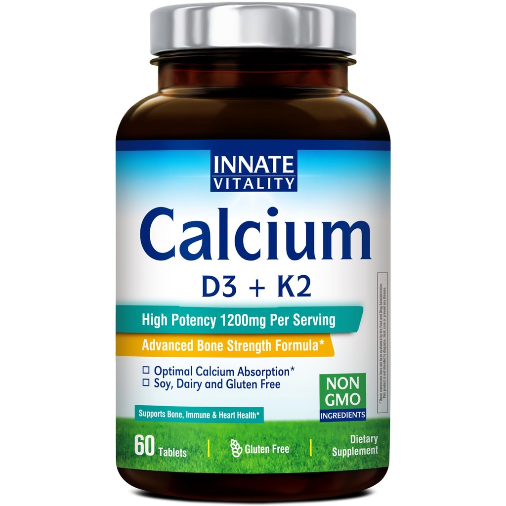 Aangeboren Vitaliteit Calciumsupplement, 1200 mg Hoge Potentie met 5000 IE Vitamine D3 & K2 MK7, Verbeterde Absorptie, voor botdichtheid, sterkte & immuniteit, niet-GMO, gemakkelijk doorslikken, 60 tabletten
