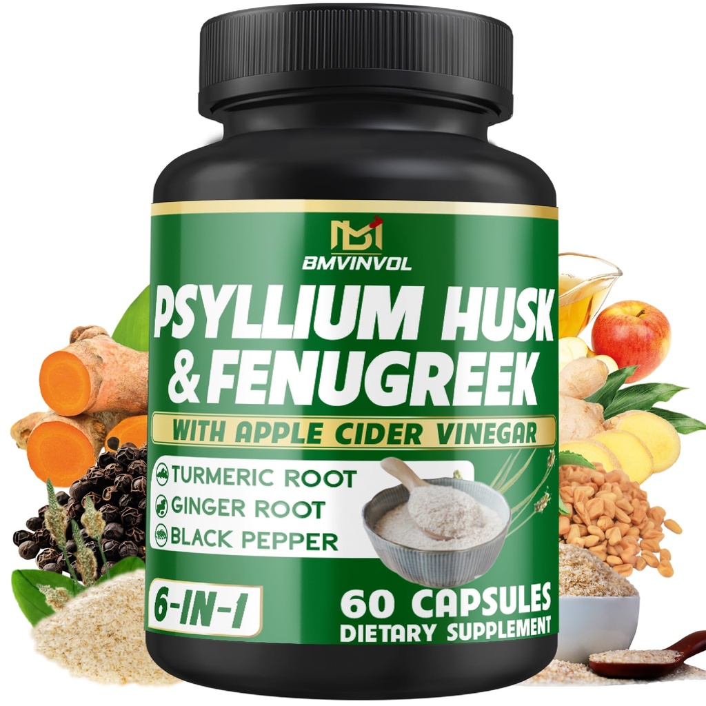 BMVINVOL Psyllium Housse Fibre Supplément t avec Fenugreek, vinaigre de cidre de pomme, curcuma, gingembre, noir Pepper- Digestion Support de santé - 60 Capsules