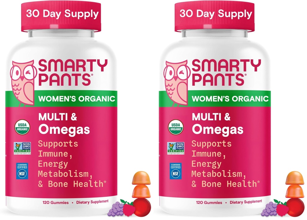 SmartyPants Organic Women's Multivitamin Gummies: Biotin, Methylfolate, Omega 3 (ALA), Vitamin D3,C,B12,B6,A,K & Zinc, Inositol, Gluten Free, Vegetarian, 120 Count (30 Day Supply)(Pack of 2)