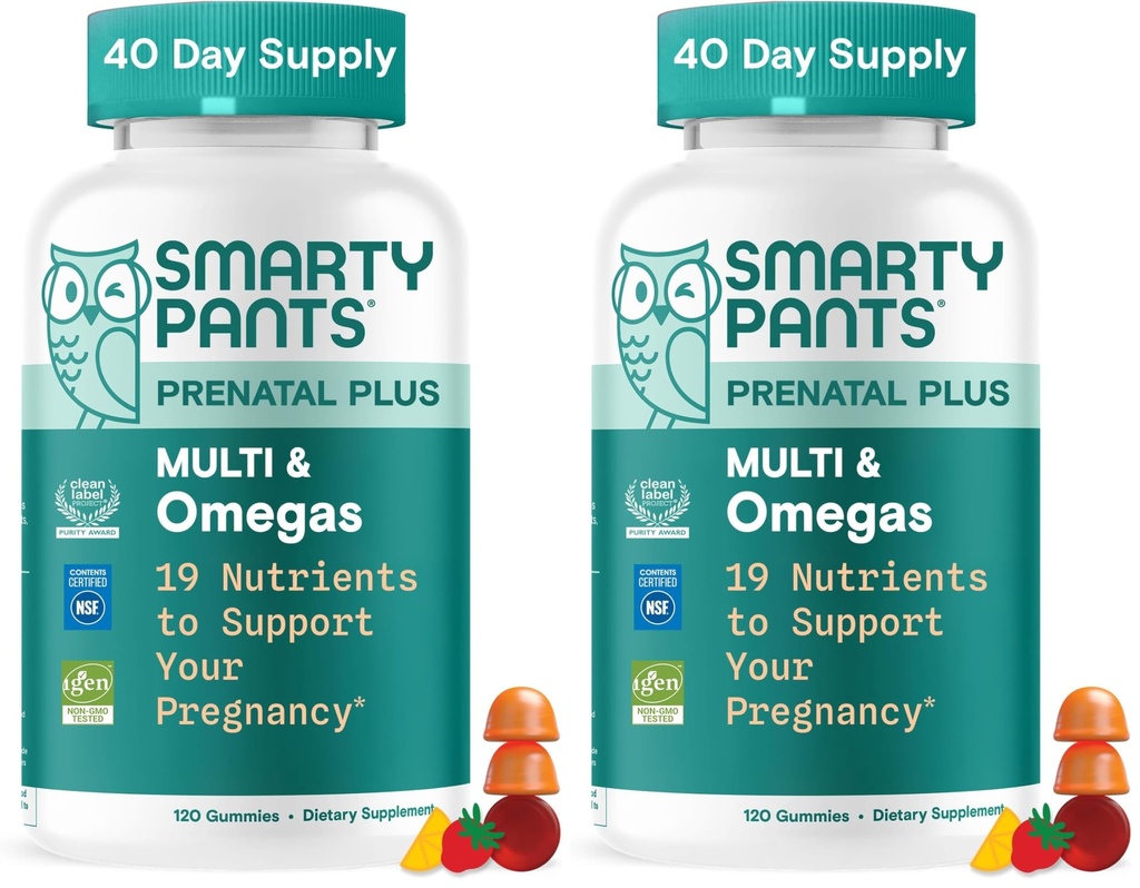 SmartyPants Gommies multivitamines prénatales, Omega 3 (DHA/EPA), Méthylfolate, Biotine, Vitamine D3, C, Vitamine B12, B6, A, K & Zinc, Sans gluten, 120 Nombre (40 jours) (paquet de 2)