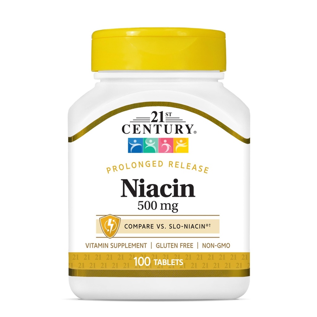 Niacine du 21e siècle 500 mg Comprimés à libération prolongée, (100 Nombre), supplément de vitamine B pour l'énergie, le coeur et le système nerveux, non OGM, végan-friendly, Vitamines quotidiennes adultes