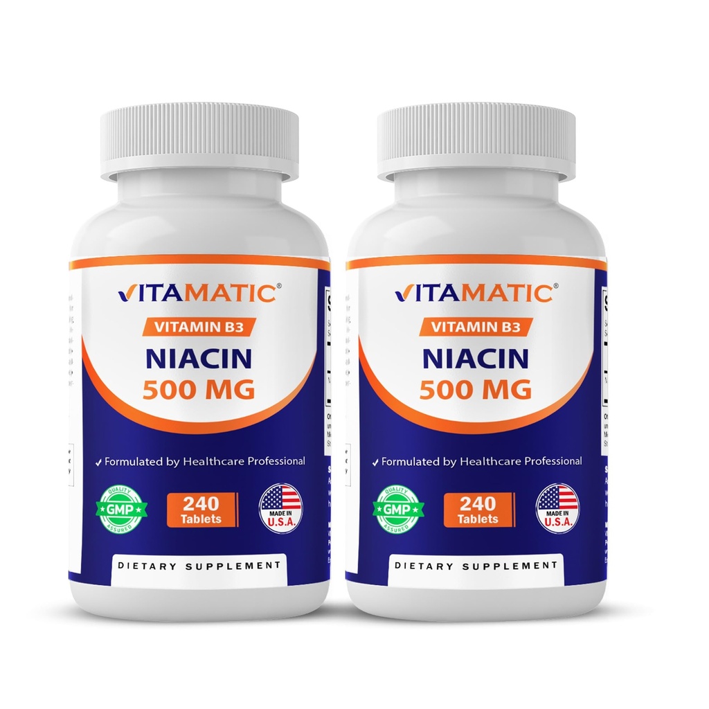 Vitamatic Niacin (Vitamine B3) 500 mg, 240 tabletten - Non-GMO en Glutenvrije- 480 tabletten (verpakking van 2)