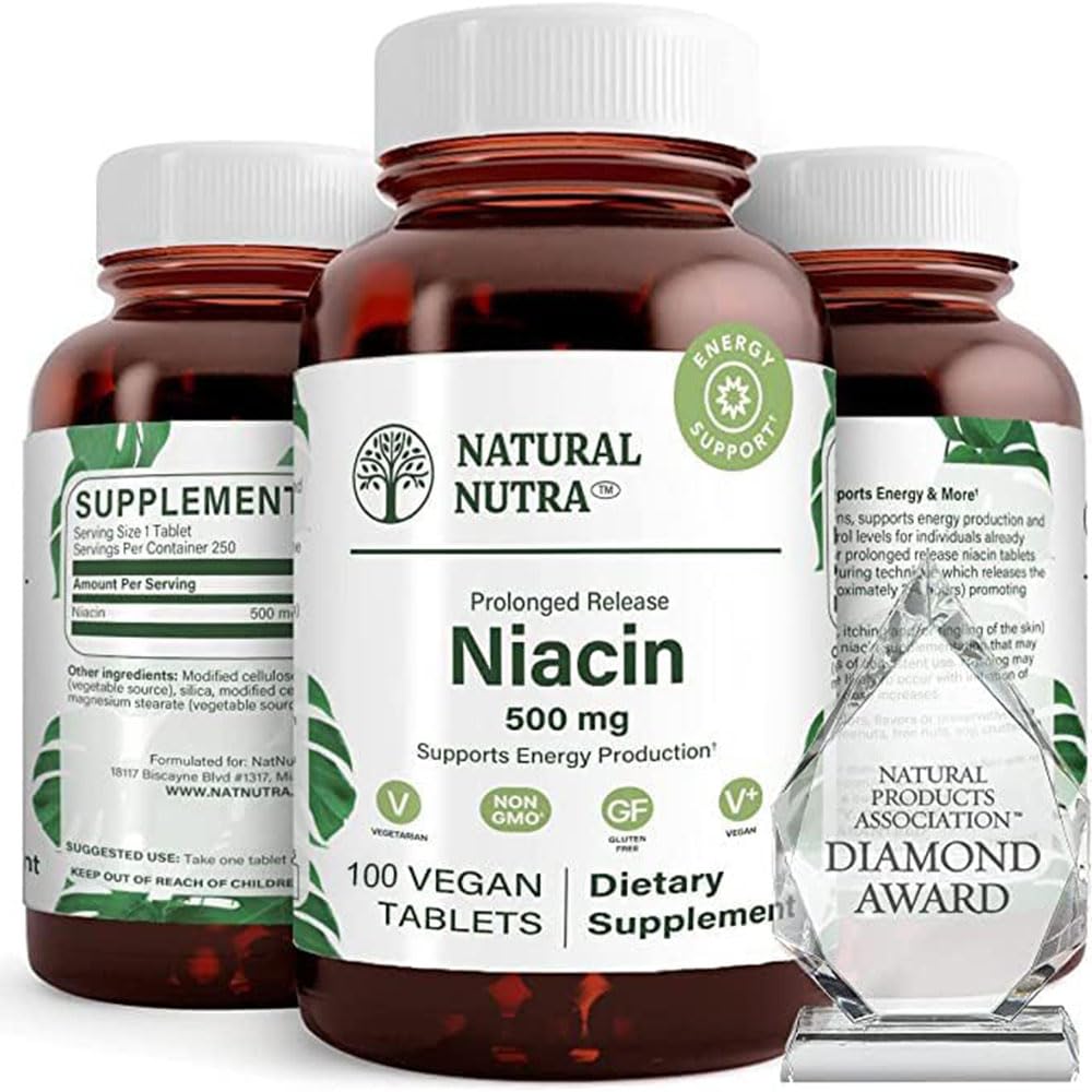 Natural Nutra Time-Release Slow Niacin 500mg (Vitamine B3), Soutien à la production d'énergie, Promotion de la santé cardiovasculaire, Promotion de la santé de la peau et de la fonction perceptuelle, 100 comprimés végétaliens et végétariens