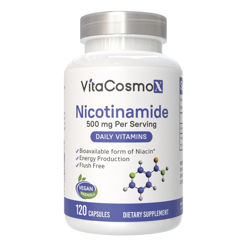 Nicotinamide 500mg vitamine B3, 120 Capsules - Non-GMO, Glutenvrij, Flushvrij