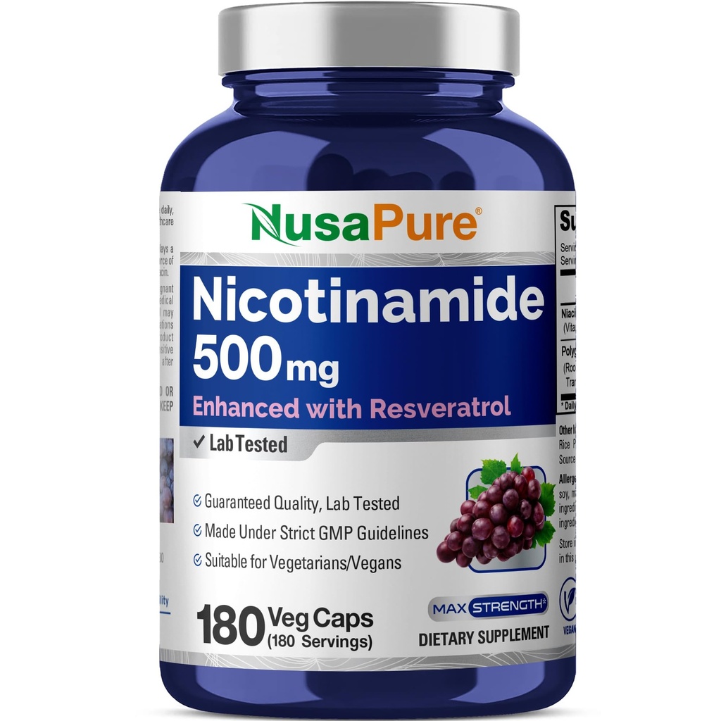 NusaPure Nicotinamide met Resveratrol (Vitamine B-3) 500 mg - 180 Vegetarische Caps (Non-GMO & Vegan)