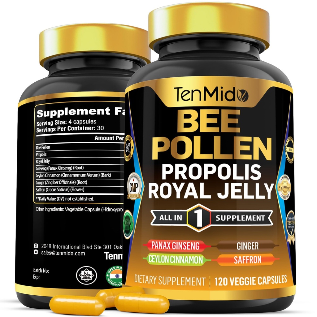 Bee Pollen Capsules Supplement - 7in1 Formule - Combineer met Propolis, Royal Jelly, Panax Ginseng, Ceylon Cinnamon, Ginger en Saffron - Digestieve gezondheid, Immune Support - 120 Capsules