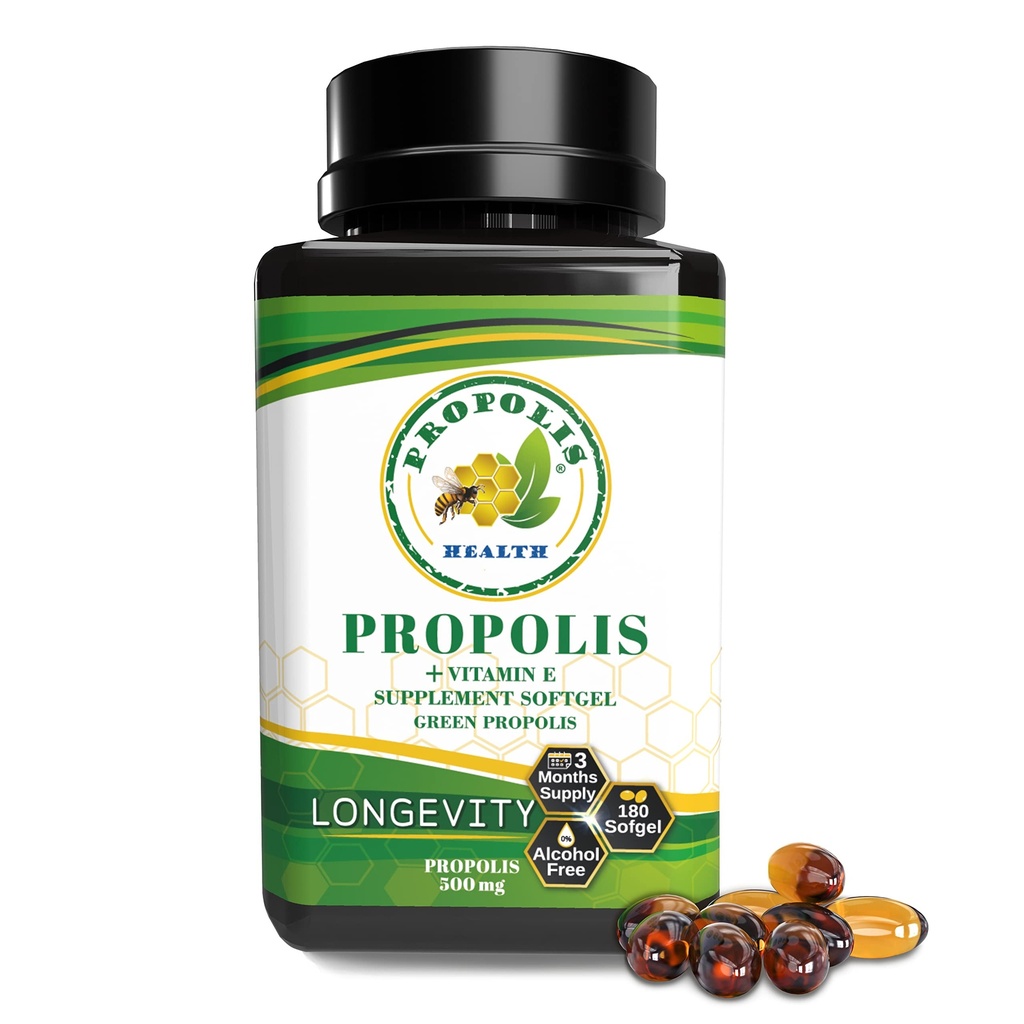 Propolis Health Propolis Capsules 1000mg-Daily with Vitamin E Per dose - Brazilian Green Propolis Extract - Immune Booster 50 Days Supply Propolis (180 Capsules)