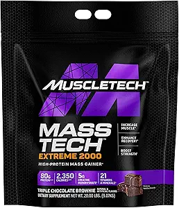 MuscleTech Mass Gainer Protein Powder, Mass-Tech Extreme 2000, Muscle Builder Whey Protein Powder, Proteine + Creatine + Carbs, Max-Protein Weight Gainer for Women & Men, Triple Chocolate, 20 lbs