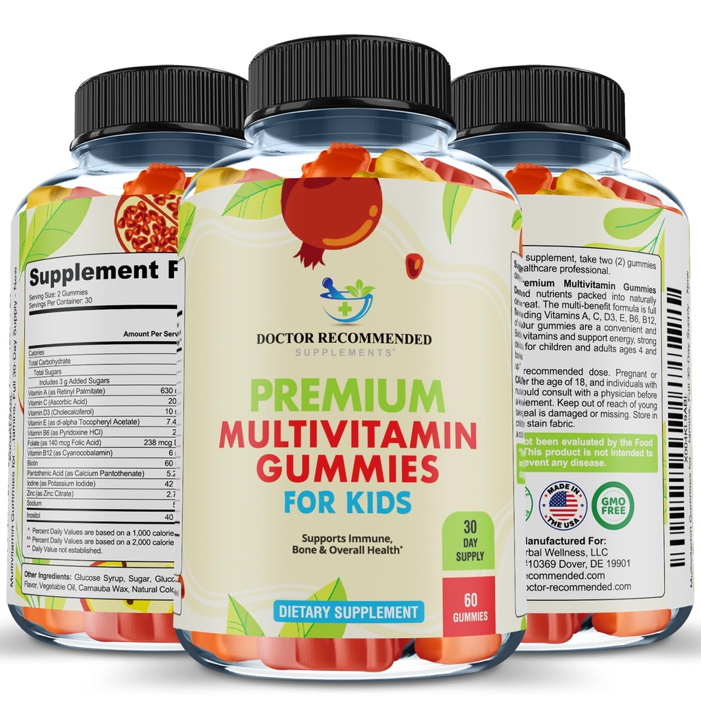 Gommies multivitamines de qualité supérieure pour les tout-petits et les enfants - Vitamines quotidiennes essentielles à la consommation A, C, D3, E, B6, B12, Biotine - Pas d'édulcorants à haute teneur en fructose-carné ou artificiels - 60 Gommies, 30 jours d'approvisionnement