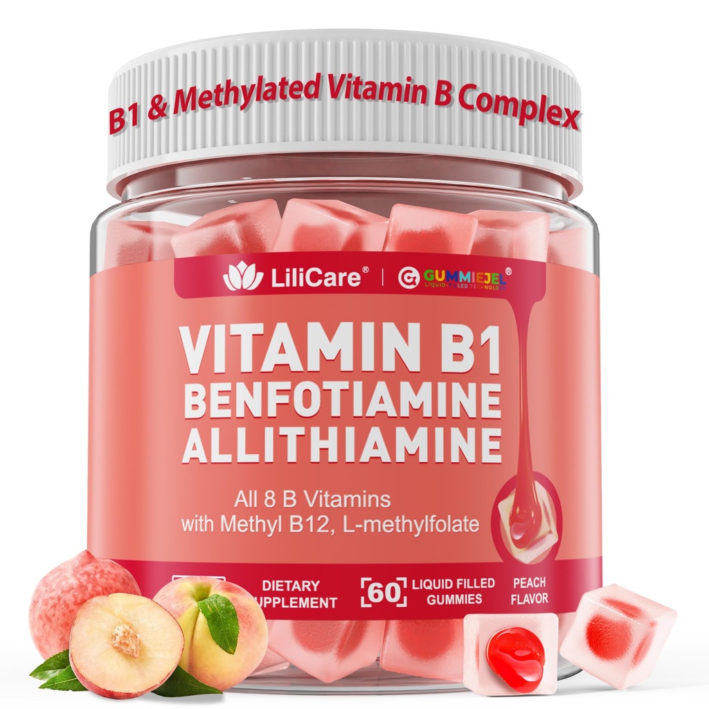 Vitamine B1 & Gemethyleerde vitamine B Complex Gummies - Alle B-vitaminen, Benfotiamine, Thiamine & Inositol, Gemethyleerde B1 B2 B6 Multivitaminen, L-methylfolaat, Methyl B12 voor nerve cognitieve energie, 60 Ct