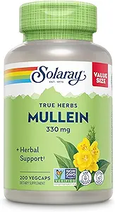 Solaray Mullein Leaf 330 mg - Support à base de plantes apaisantes - Capsules Mullein traditionnellement utilisées pour soutenir la santé et le bien-être - Vegan, non-OGM, laboratoire vérifié, garantie de 60 jours, 200 portions, 200 VegCaps
