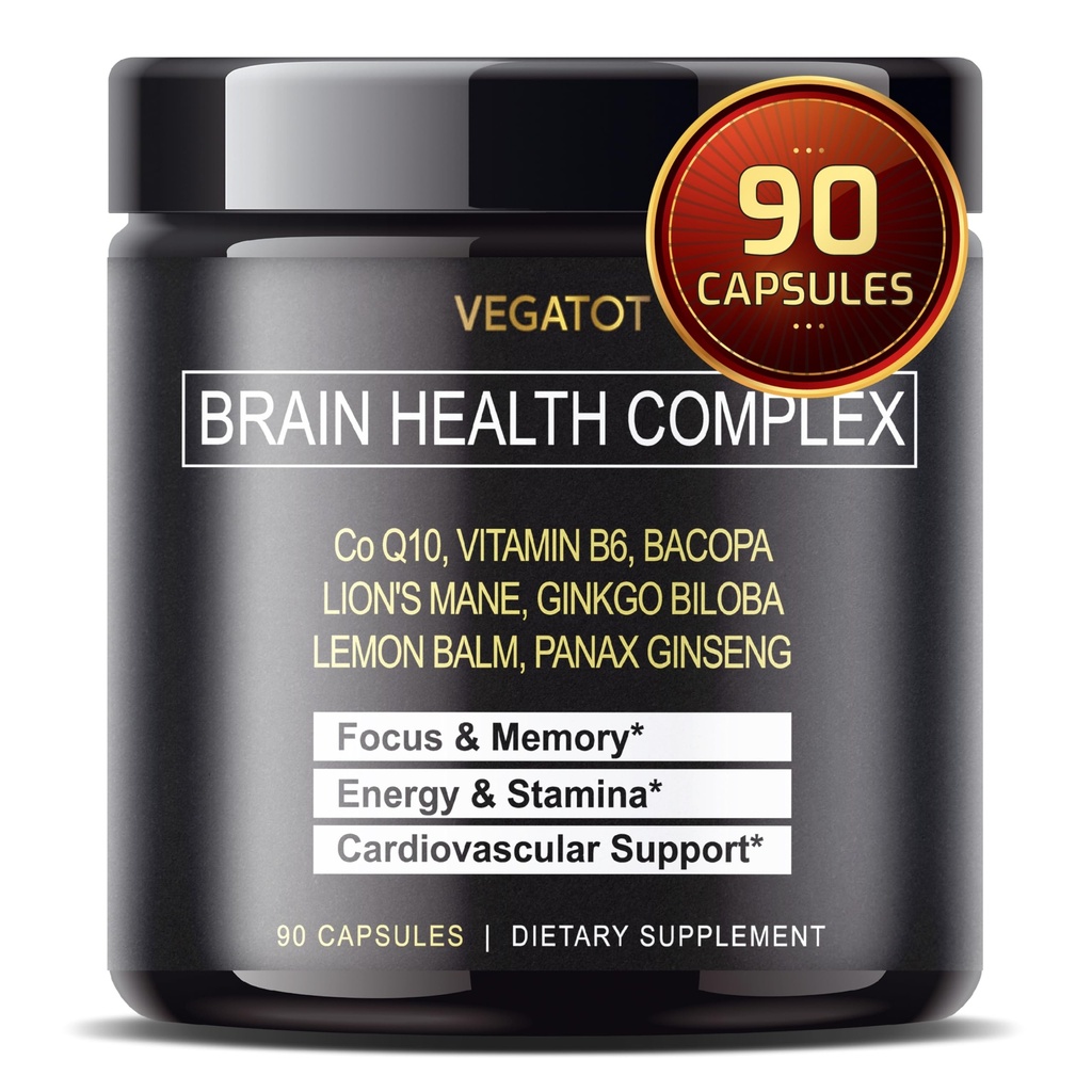 VEGATOT Brain Booster Cerveau Supplément Complexe Santé Concentré avec CoQ-10 VIT B6 Lion Mane Ginkgo Biloba Lemon Baume Ginseng - Focus Memory Energy