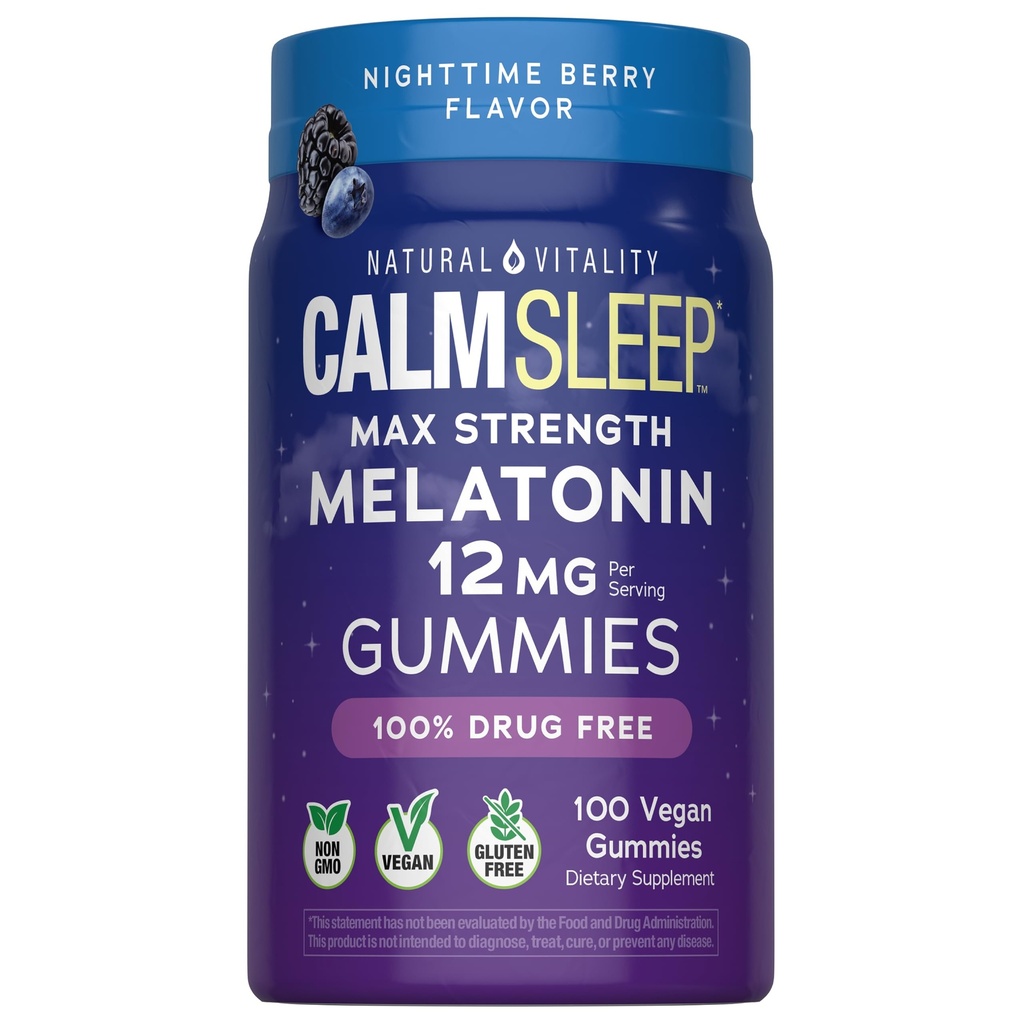 Natural Vitality Calm Sleep Melatonin 12mg Gummies | Max Strength Berry Flavored Formula | 100% Drug Free | Non-GMO, Vegan and Gluten Free Supplement |100 Count