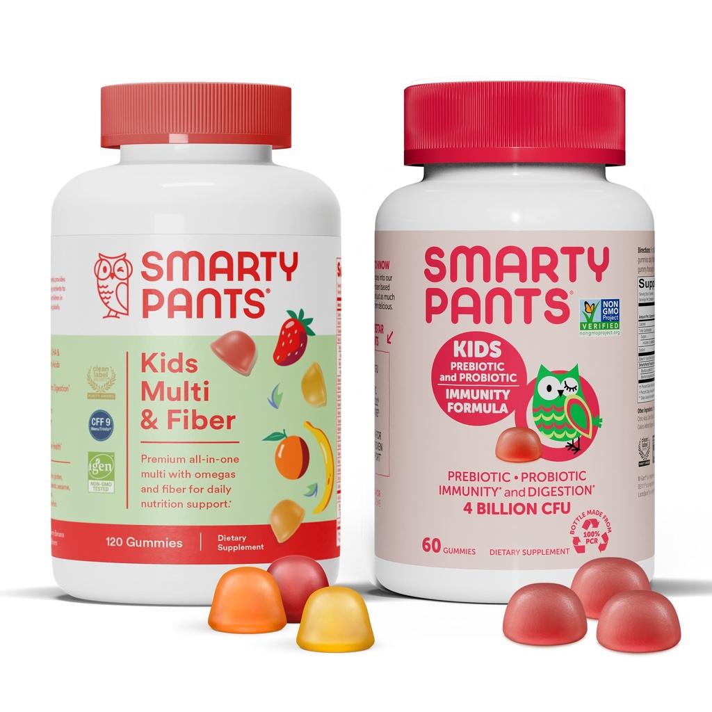 SmartyPants Kids Multivitamine Fiber Supplement Gummies en Probiotic Immunity Bundle: Omega 3 Visolie (EPA/DHA), Vitamine D3, C, Vitamine B12, B6, Digestief & Immune Ondersteuning Supplement (30 dagen aanbod)