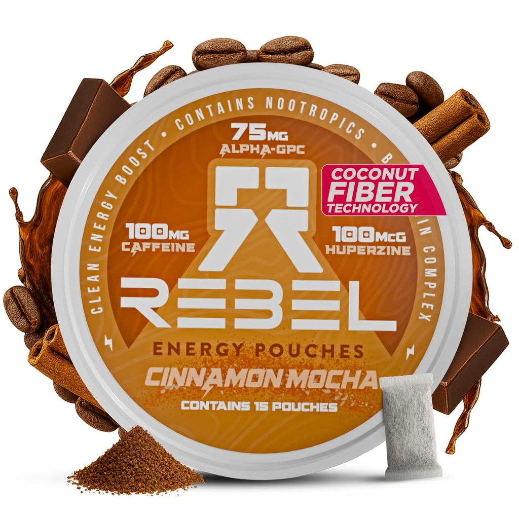 Rebel Nootropic Energy Pouches de caféine (Cinnamon Mocha) • 100 mg de caféine • Alpha GPC • Huperzine A & Vitamines essentielles • Sans sucre • Technologie de fibre de coco • 15 Pouches par boîte (paquet de 1)