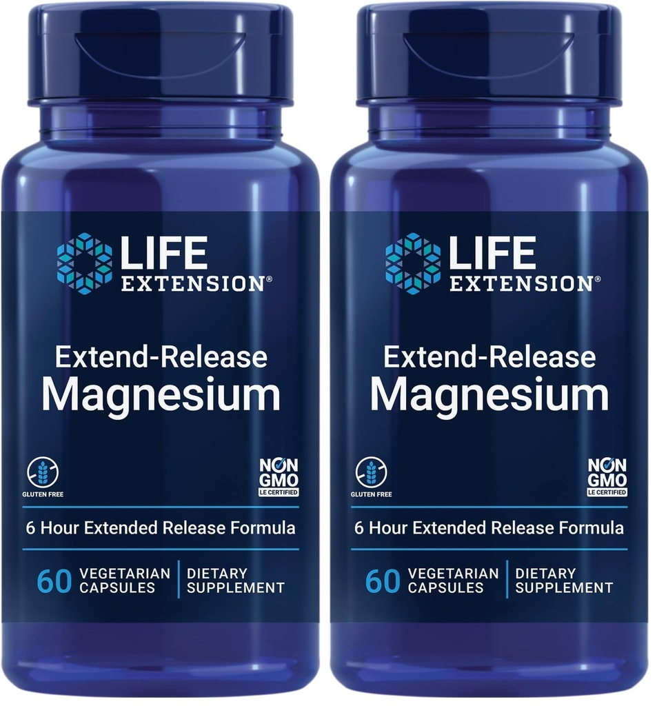 Life Extension Extend-Release Magnesium,verlengde Hart & Bone Health Support, Cardiovasculair & Blood Pressure Health Support, bio available Formula,Gluten-Free,Non-GMO,Vegetarische,60 Capsules,(Pack of 2)