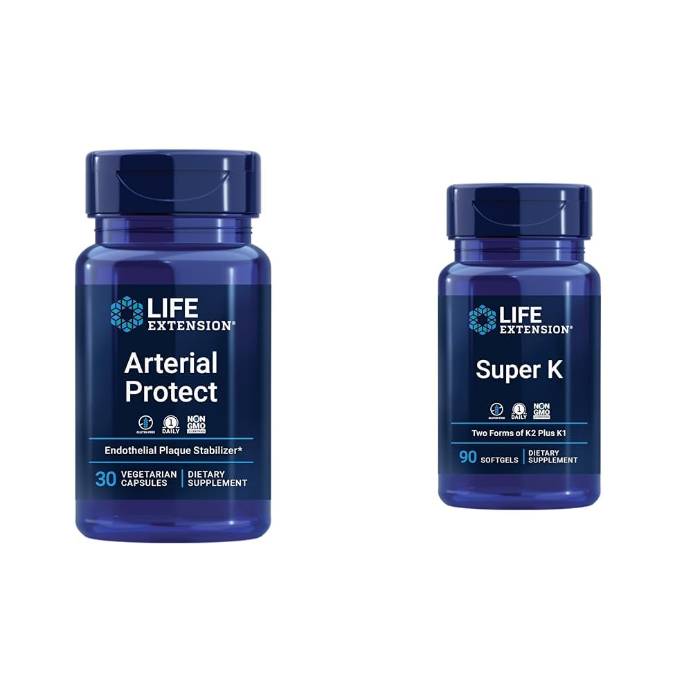 Life Extension Arterial Protect Blood Pressure Support with Gotu Kola & Pycnogenol Pine Bark Extracts Bundel met Super K Vitamine K1 K2 MK-7 MK-4 Vitamine C Bot & Arteriële Gezondheid
