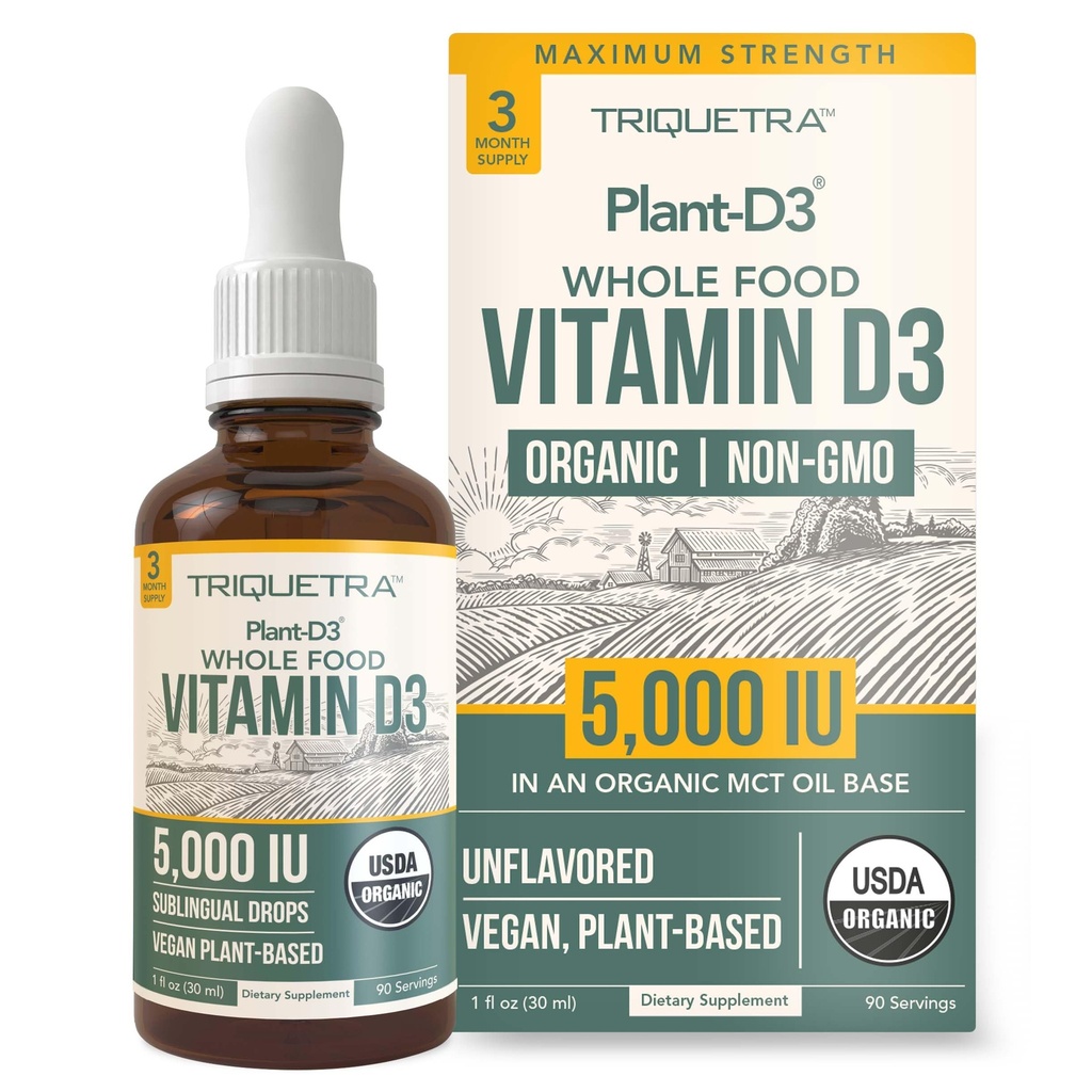 Vitamine biologique D3 5000 UI - Vegan, Max Strength Gouttes liquides sublinguales D3 - 200% Absorption plus élevée - Forme 100 % cholecalciferol à base végétale - Dosage réglable pour tous les âges (1oz liquide)