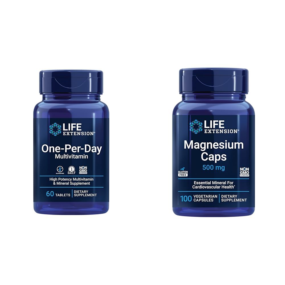Multivitamine de prolongation de vie d'un jour – emballé avec plus de 25 vitamines, minéraux et extraits végétaux et bouchons de magnésium, 500 mg, oxyde de magnésium, citrate, succinate, santé cardiaque
