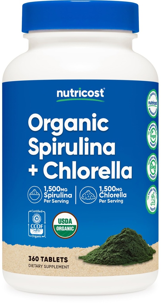 Nutricost Organische Spirulina + Chlorella (3.000mg) 360 tabletten - USDA Organisch, 1.500mg Spirulina, 1.500mg Chlorella, Vegan, GGO-vrij, Glutenvrij, 60 porties