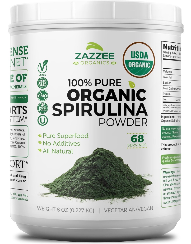 Zazzee USDA Organic Spirulina Powder, 8 Ounces, 68 Servings, Certified Kosher, 100% Pure, Niet-Ir uitgestraald, Mess-Free Wide Mondcontainer, Fresh Smell en Neutral Taste, Non-GMO, Made in the USA