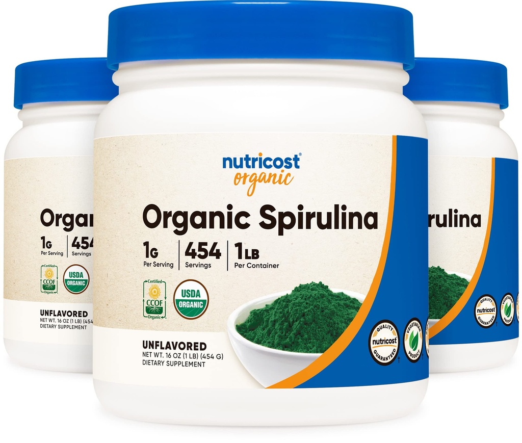 Nutricost Biologische Spirulina Poeder Unflavored, 1LB Container voor 454 porties (3 flessen) - Veganistisch, GGO vrij en glutenvrij