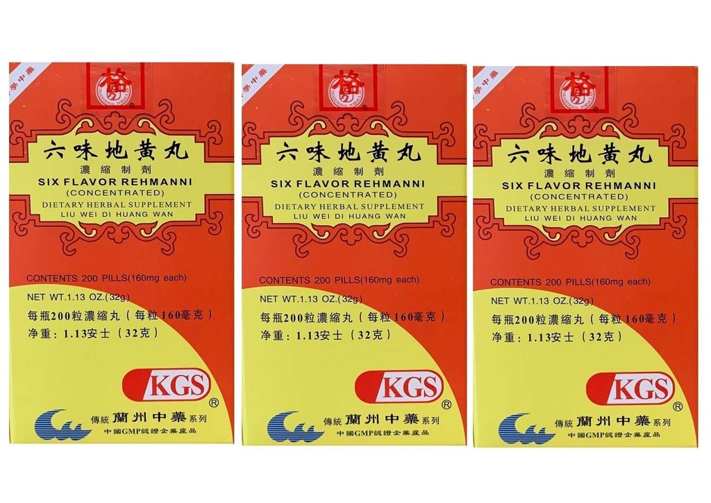 KGS Six saveurs Rehmanni, Liu Wei Di Huang Wan (200 pilules) - 3 bouteilles
