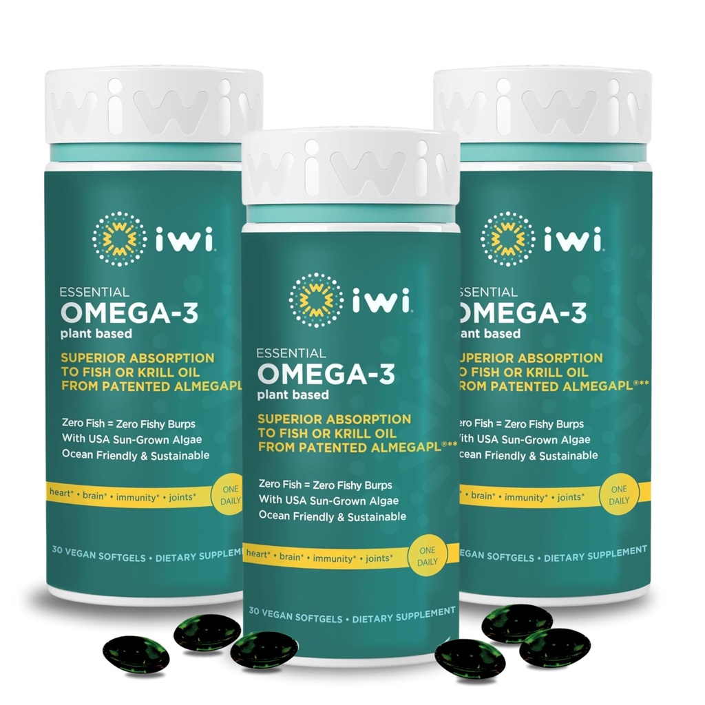 Iwi Omega-3 Essential, 90 Softgels (90 Servings), Plant Based Algen Omega 3 met EPA + DHA, Hersenen, Hart en Immune Ondersteuning Dieetsupplement, Krill & Visolie Alternatief, Geen Fishy Aftersmaak