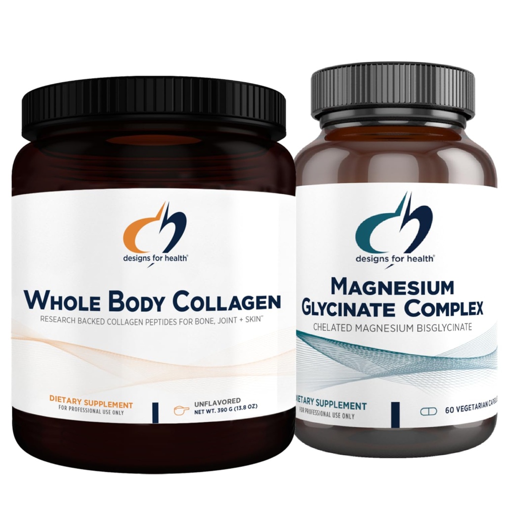 Designs for Health Magnesium Glycinate Complex (60 capsules) & Whole Body Collagen (30 porties) Bundel - Hoge Absorptie Magnesium met Premium Collageen Poeder ter ondersteuning van botten, huid en gewrichten
