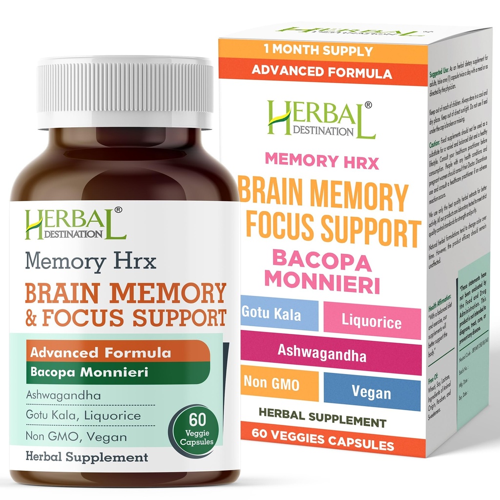 Mémoire Hrx - Supplément Cerveau Soutien Fonction cognitive Améliore Mémoire et Focus, Vitamines cérébrales et Supplément Cognitif, Sans gluten Sans Produits laitiers - 60 Capsules végétariennes
