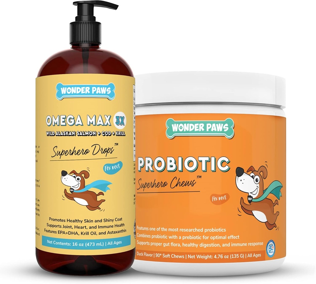 WONDER PAWS Omega Max Fish Oil Plus Probiotic Kauwen - voor honden Joint Health, Huid Vocht, Gut Health & Daily Wellness - Omega Max 16 Ounces - Probiotic 90 Kauwen