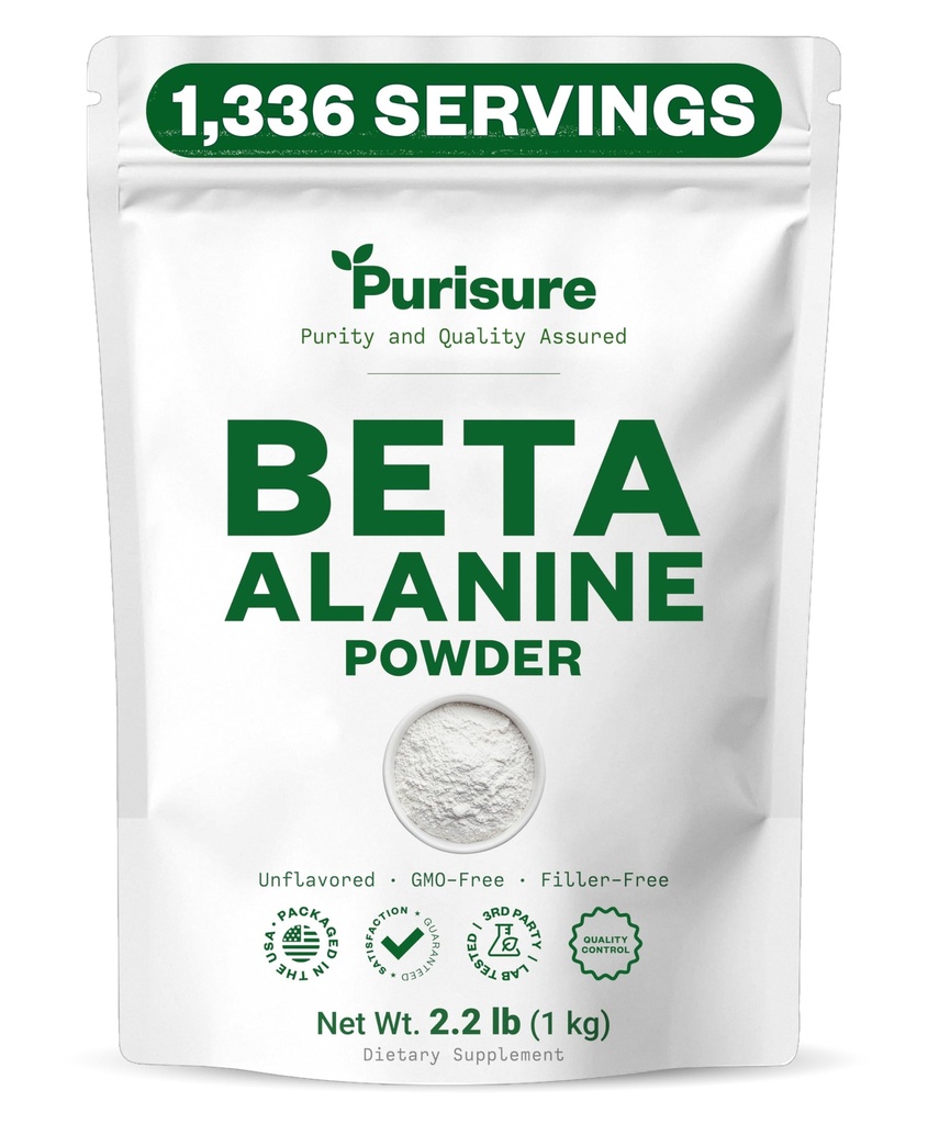 Purisure Beta Alanine poudre 1kg, Pure Beta Alanine supplément de pré-entraînement pour l'énergie soutenue, Beta Alanine poudre de pré-entraînement pour les hommes et les femmes, Alanine supplément d'endurance, 1 336 portions