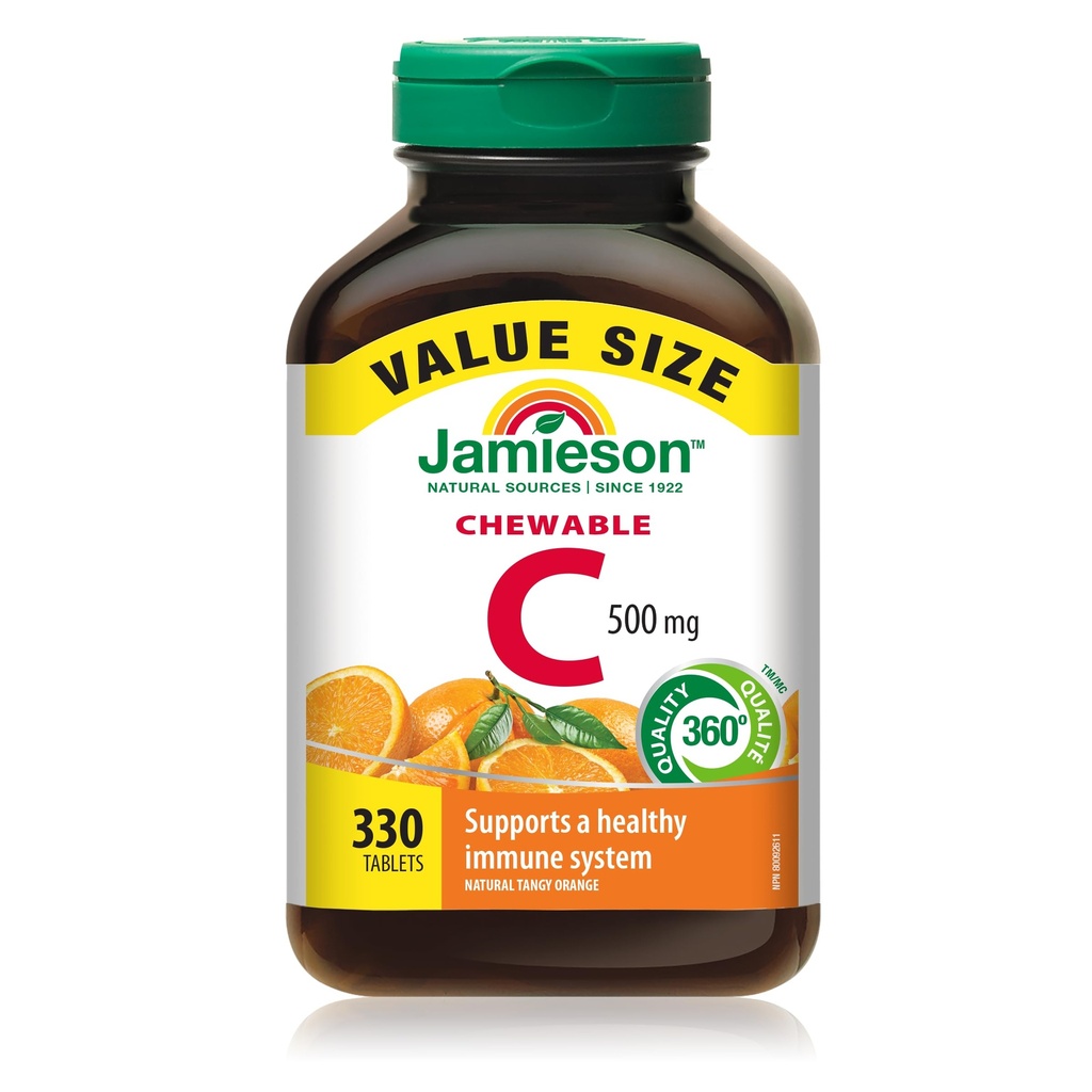 Jamieson Chewable Vitamin-C 500mg Value Supplement Pack(330 Count), Tangy Orange, (Imported from Canada)