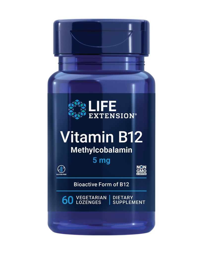 Prolongation de la durée de vie Vitamine B12 méthylcobalamine, Supplément santé Nerve, Soutien cognitif, Vitamine énergétique, méthylcobalamine B12, 5 mg, Dissolution rapide, Sans gluten, Non-OGM, Végétarien, 60 losanges