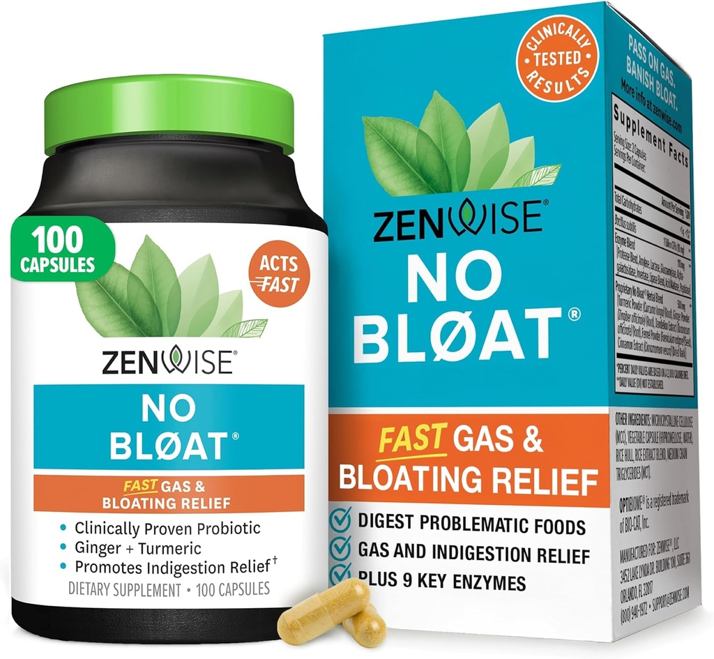 Zenwise Health No Bloat Digestieve Enzymen for Gut Health, Gas & Bloating Relief - Multi Enzymes Digestie Supplement with Probiotics, Gener, Turmeric Dandelion & Lactase - Mannen & Women - 100 Tel.