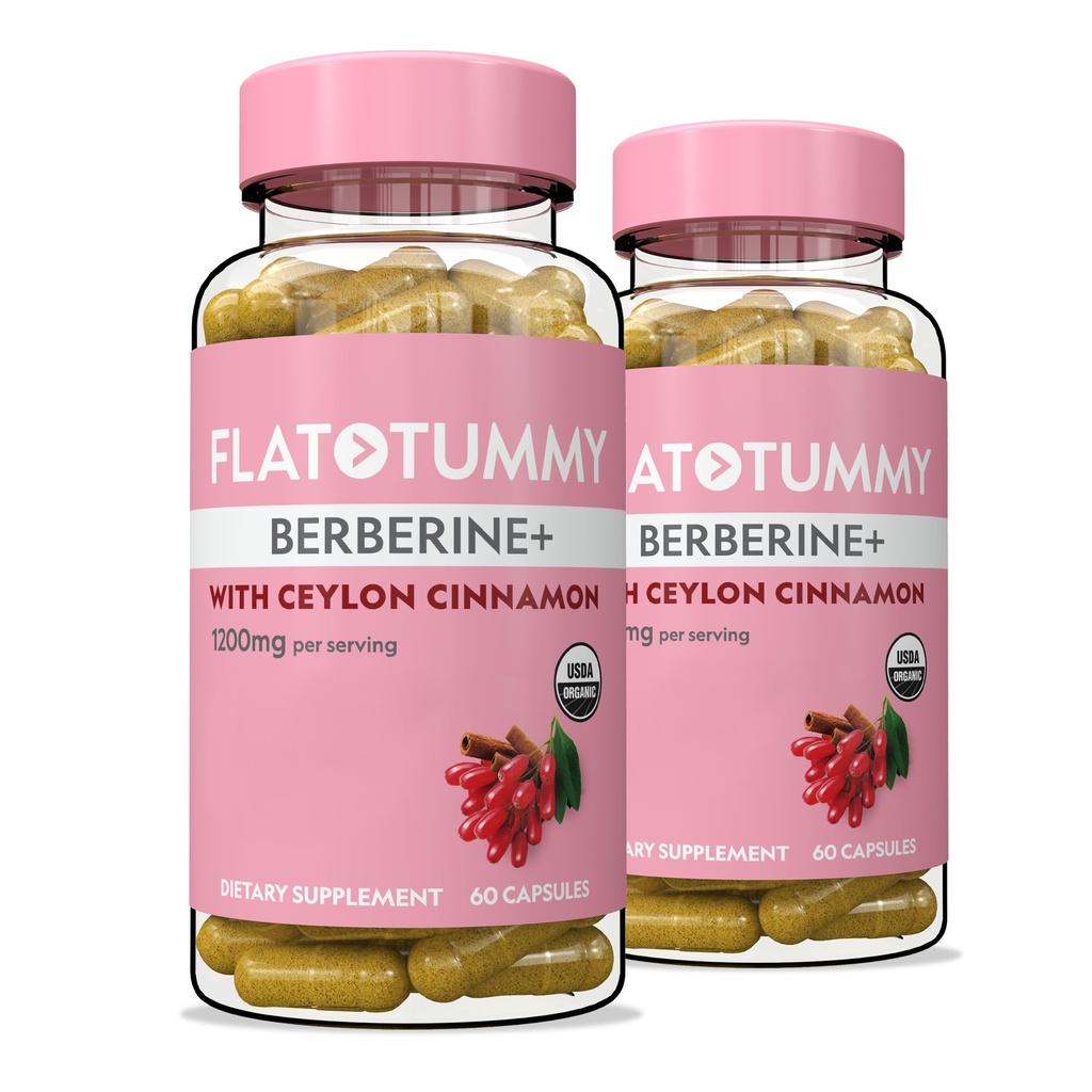 Flat Tummy Berberine Plus Supplement, 1200mg Berberine Per Serving, Post GLP-1 Berberine Supplement, Organic Berberine with Ceylon Cinnamon, 4:1 Potency – 60 Capsules (Pack of 2)